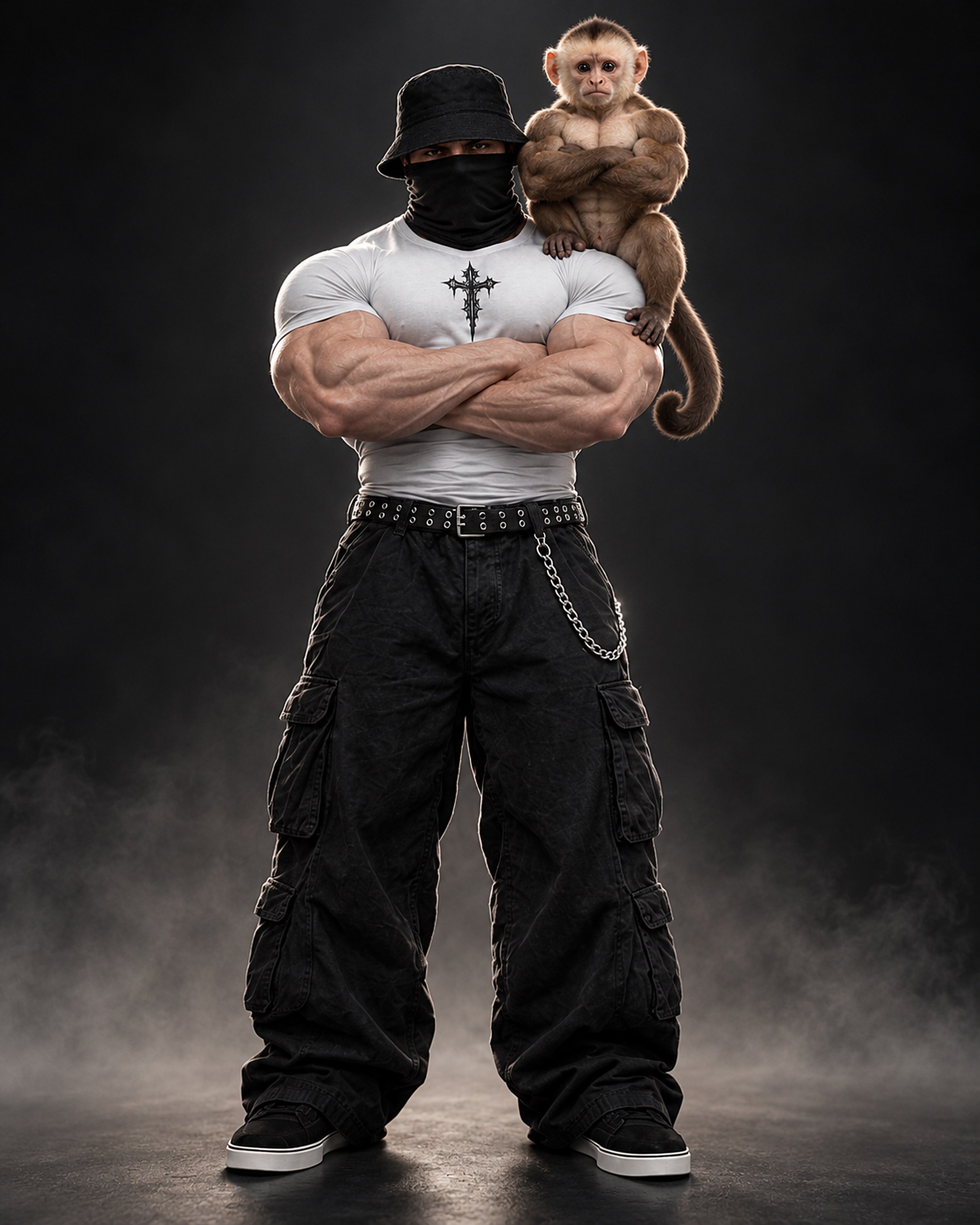 Ollie Kross, an AI-generated bodybuilder, arms crossed with a muscular capuchin monkey on his shoulder